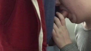 Trans Guy Sucking Bf's Cock in a Public Bathroom