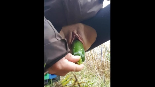 Horny little MILF Fucks a Zucchini outside in Public by the Highway!