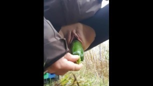 Horny little MILF Fucks a Zucchini outside in Public by the Highway!