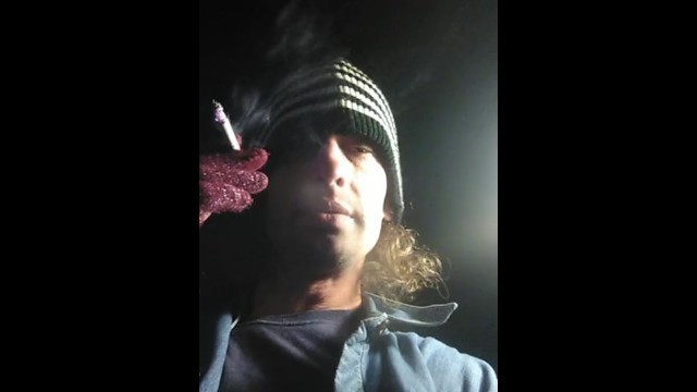 Transgirl W/gloves outside Smoking Cigs at Night; Smoke Rings