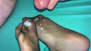 Huge cumshot on ultra sheer black pantyhosed feet, slo-mo
