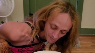 My tg  bondage slut learning to eat