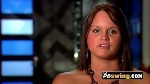 Big breast swinger babe is having oral sex in a room full of strangers&period;