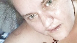 Sexy collared wife giving rough sloppy blowjob with face fucking and swallows big load of cum