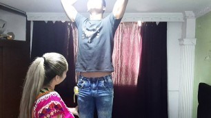 My stepsister gives me a delicious blowjob when I help her with the lamp.